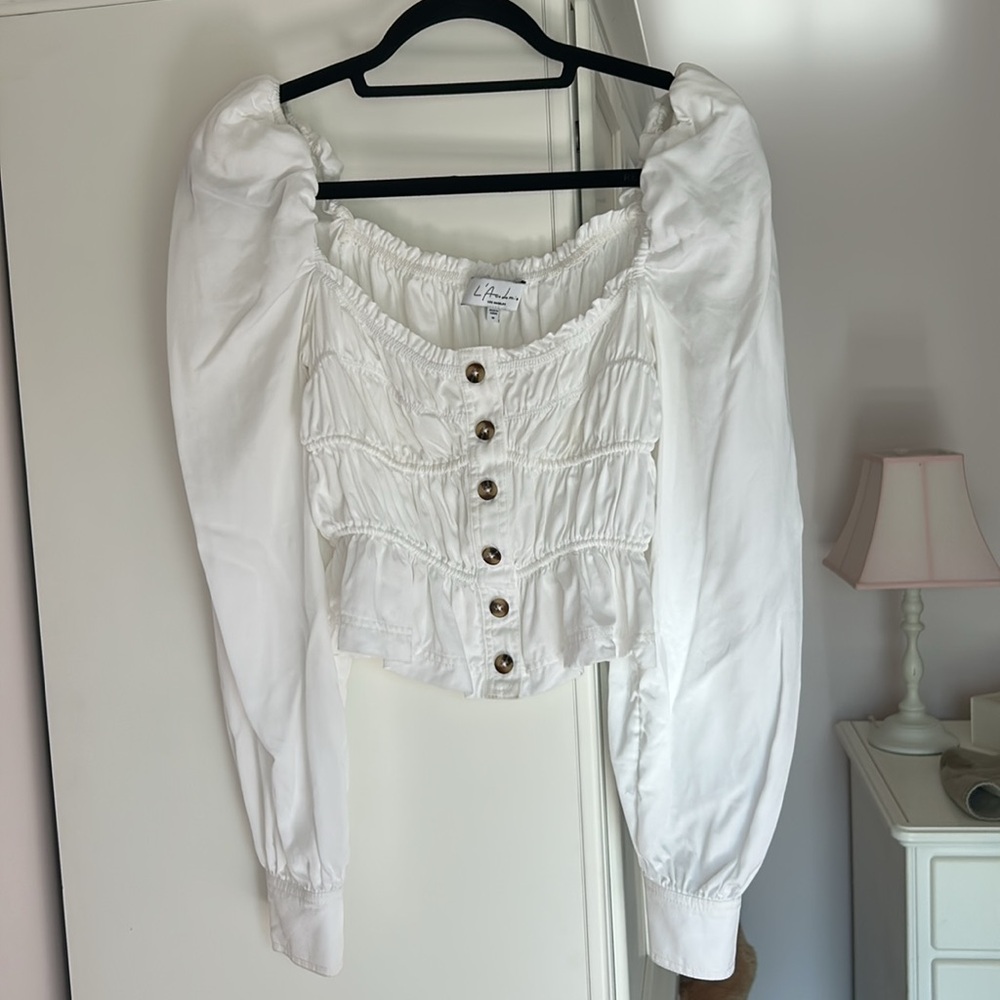 L'Academie White Puff Sleeve Smocked Blouse